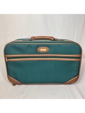 Vintage Jaguar GREEN Nylon / BROWN Leather Travel Bag Luggage Suit Case Carry On